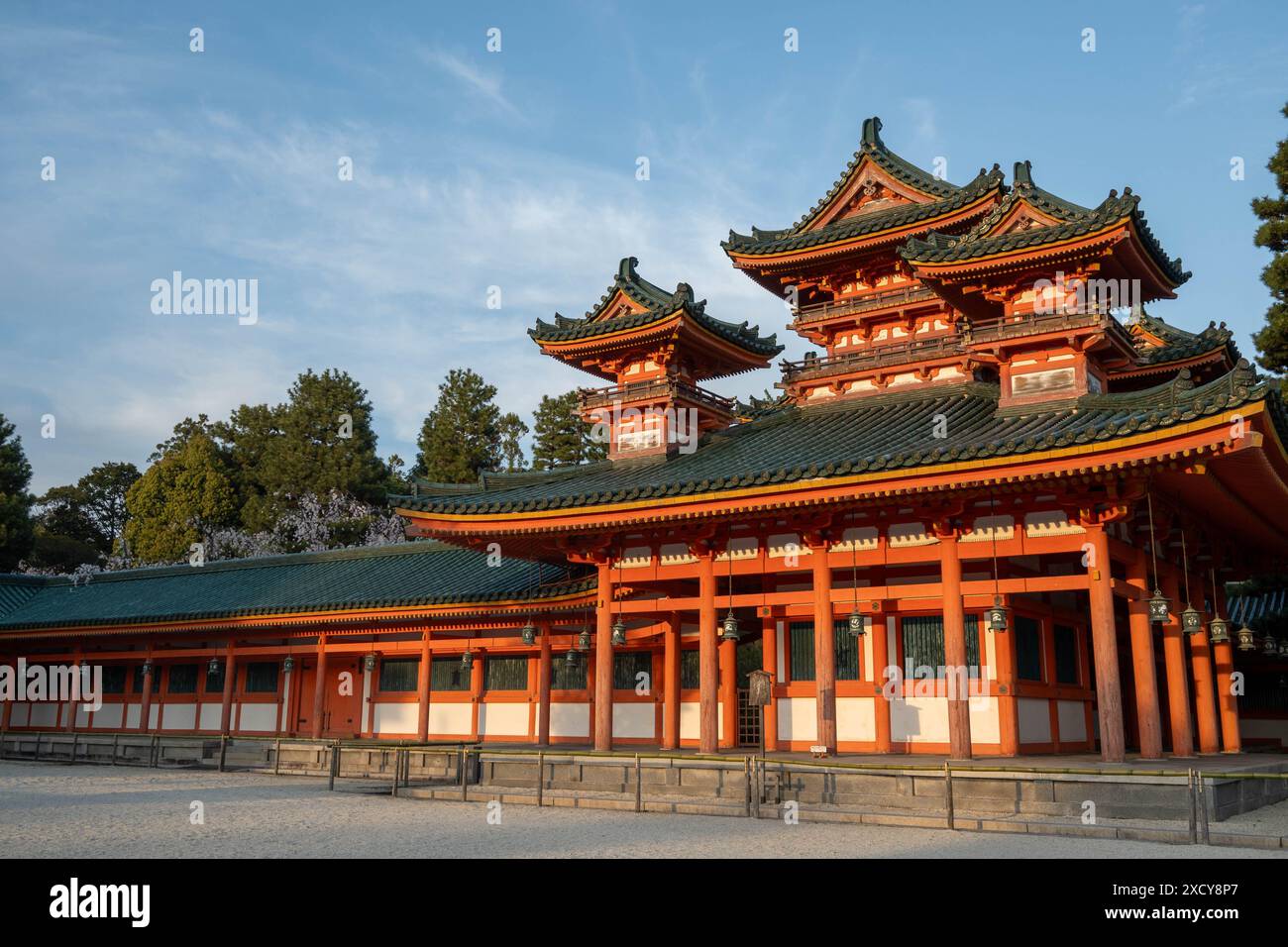 The traditional Japanese Heian-jingu Shrine with intricate wooden ...