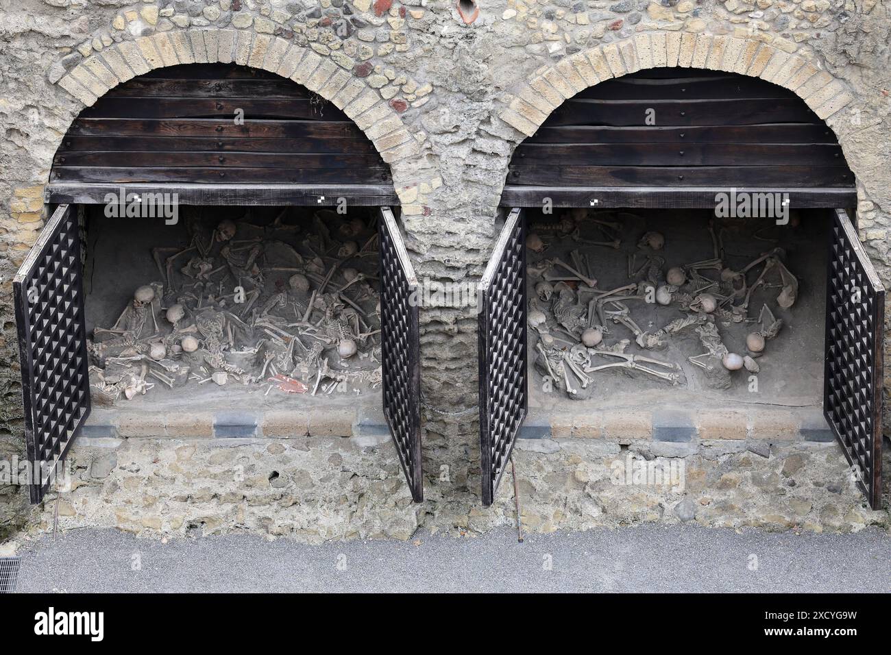 Ercolano, Italy, 19 June 2024. A view of the ancient beach, with the skeletons of the fugitive victims of the eruption of Vesuvius in 79 AD, open to the public for the first time, in the archaeological excavations of Herculaneum. Stock Photo