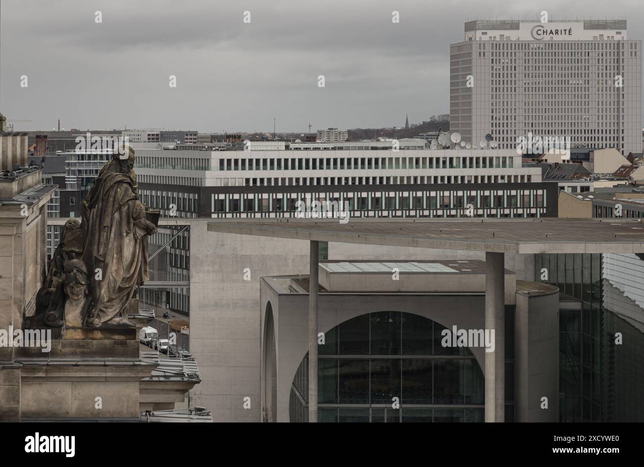 Berlin, Germany - Dec 20, 2023 - Berlin cityscape view from above of Reichstag building with Statue and Marie-Elisabeth-Lueders-Hau and buildings at t Stock Photo