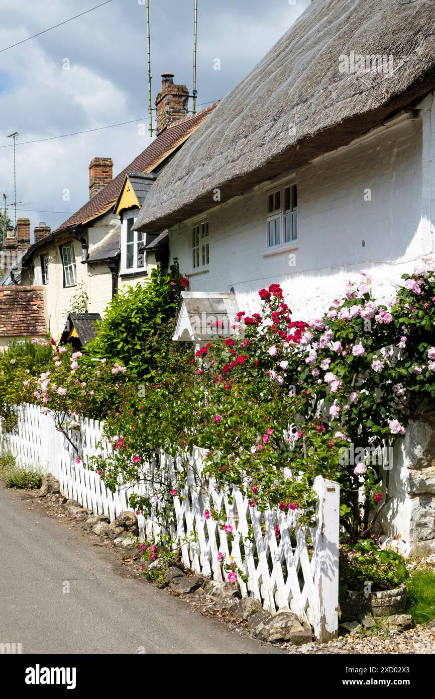 White walled cottage with flowers in Avebury village Wiltshire UK Stock Photo