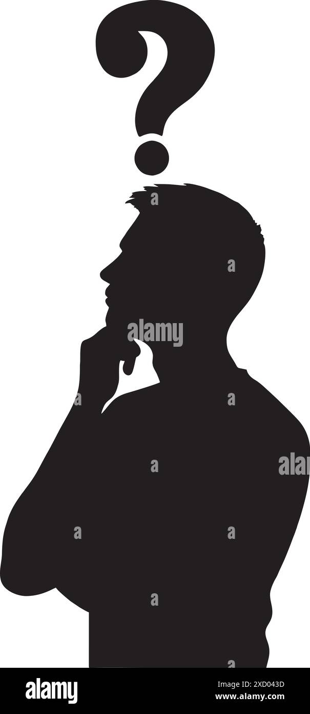 A man in a thinking pose looking up, while creatively envisioning a question mark symbol in his thinking mode. Stock Vector
