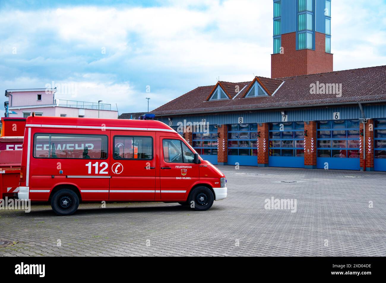 fire station building with red 112 fire Car, voluntary fire brigade ...