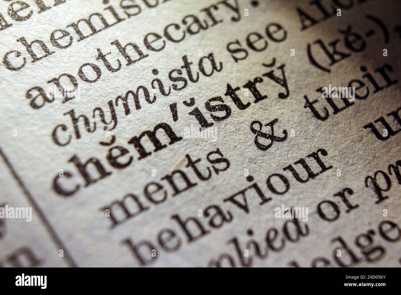 Word chemistry on dictionary page, macro close-up Stock Photo