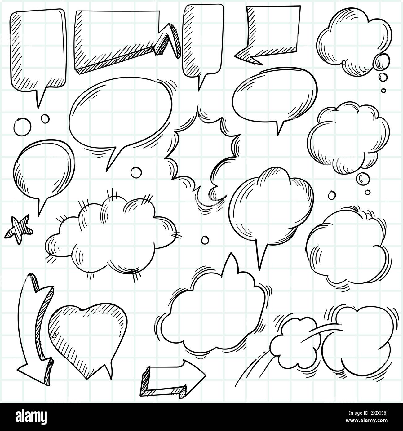 A set of comic speech bubbles and elements hand draw sketch design ...