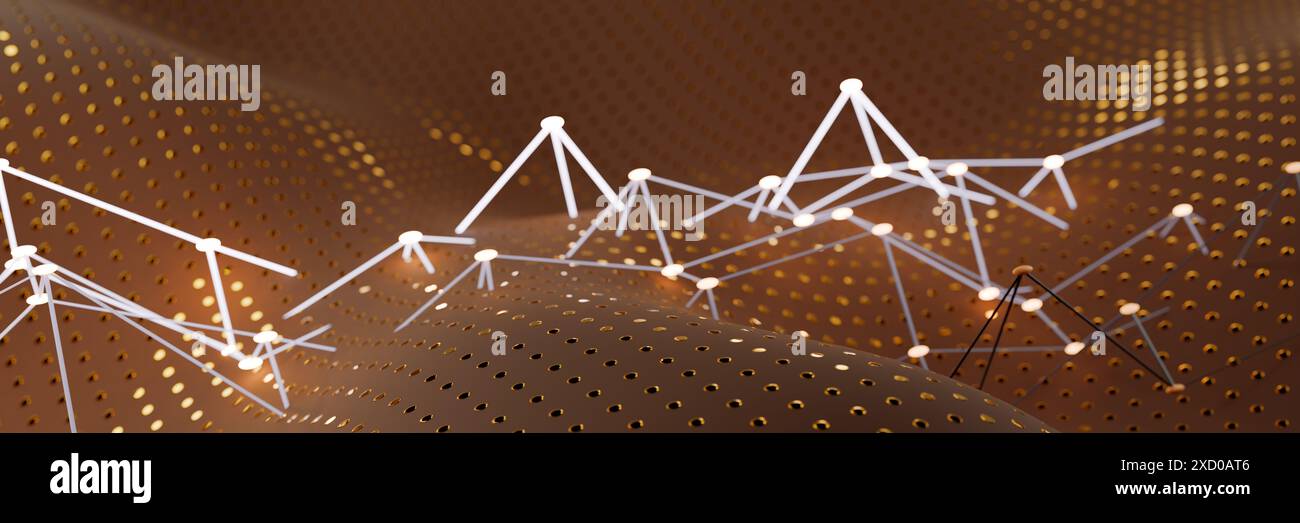 Abstract digital landscape with connecting lines and dots on a brown ...