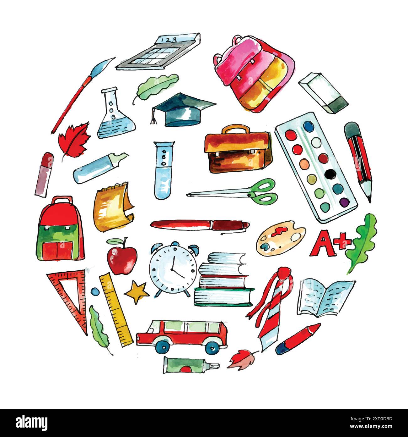 Realistic object watercolor back to school background Stock Vector
