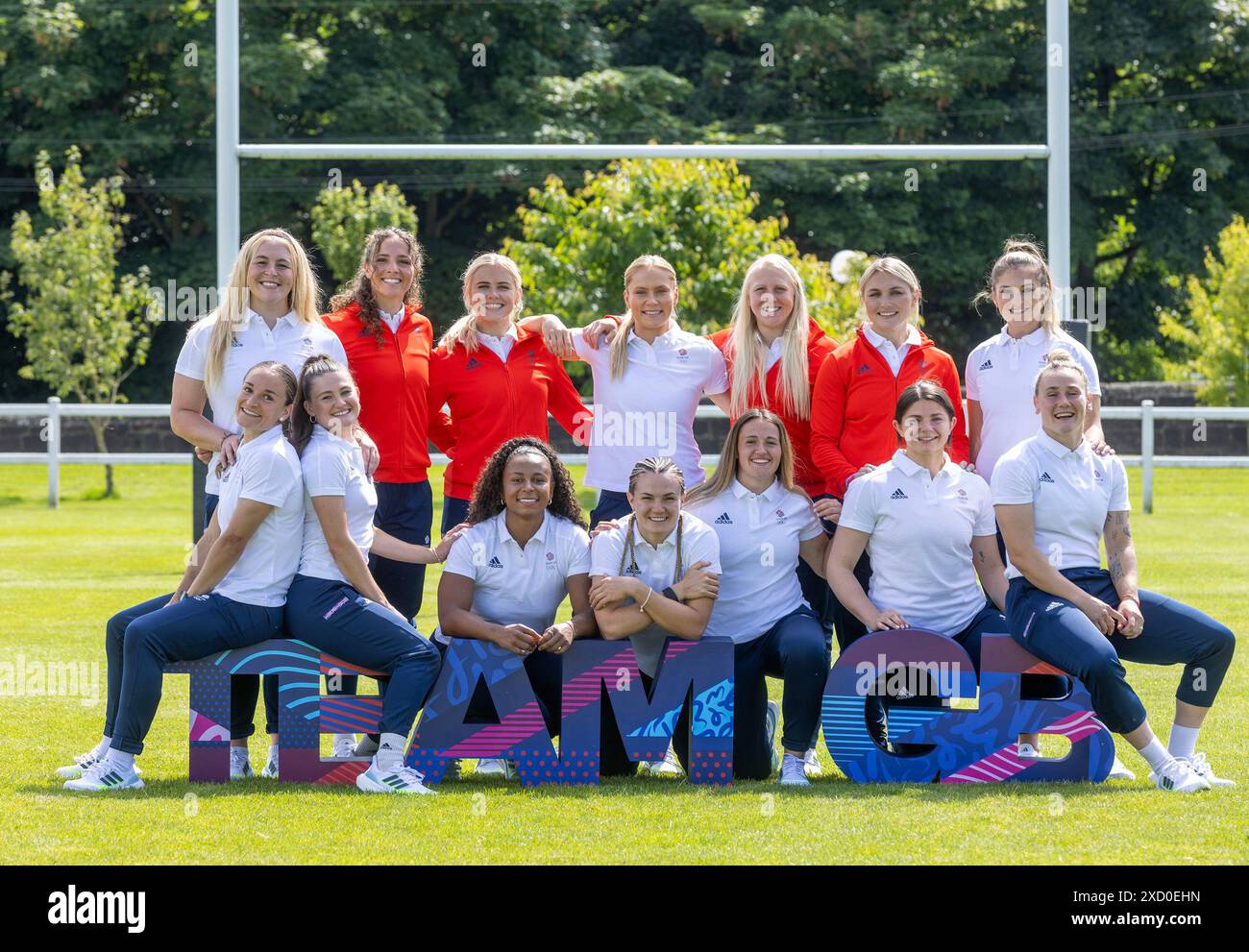 Great Britain's 7's team including Amy Wilson Hardy, Ellie Boatman, Ellie Kildunne, Emma Uren, Grace Crompton, Heather Cowell, Isla Norman-Bell, Jade Shekells, Jasmine Joyce, Lauren Torley, Lisa Thomson, Meg Jones, Abi Burton and Kayleigh Powell during the Team GB Paris 2024 Women's Rugby 7s team announcement at Weetwood Hall Estate, Leeds. Picture date: Wednesday June 19, 2024. Stock Photo