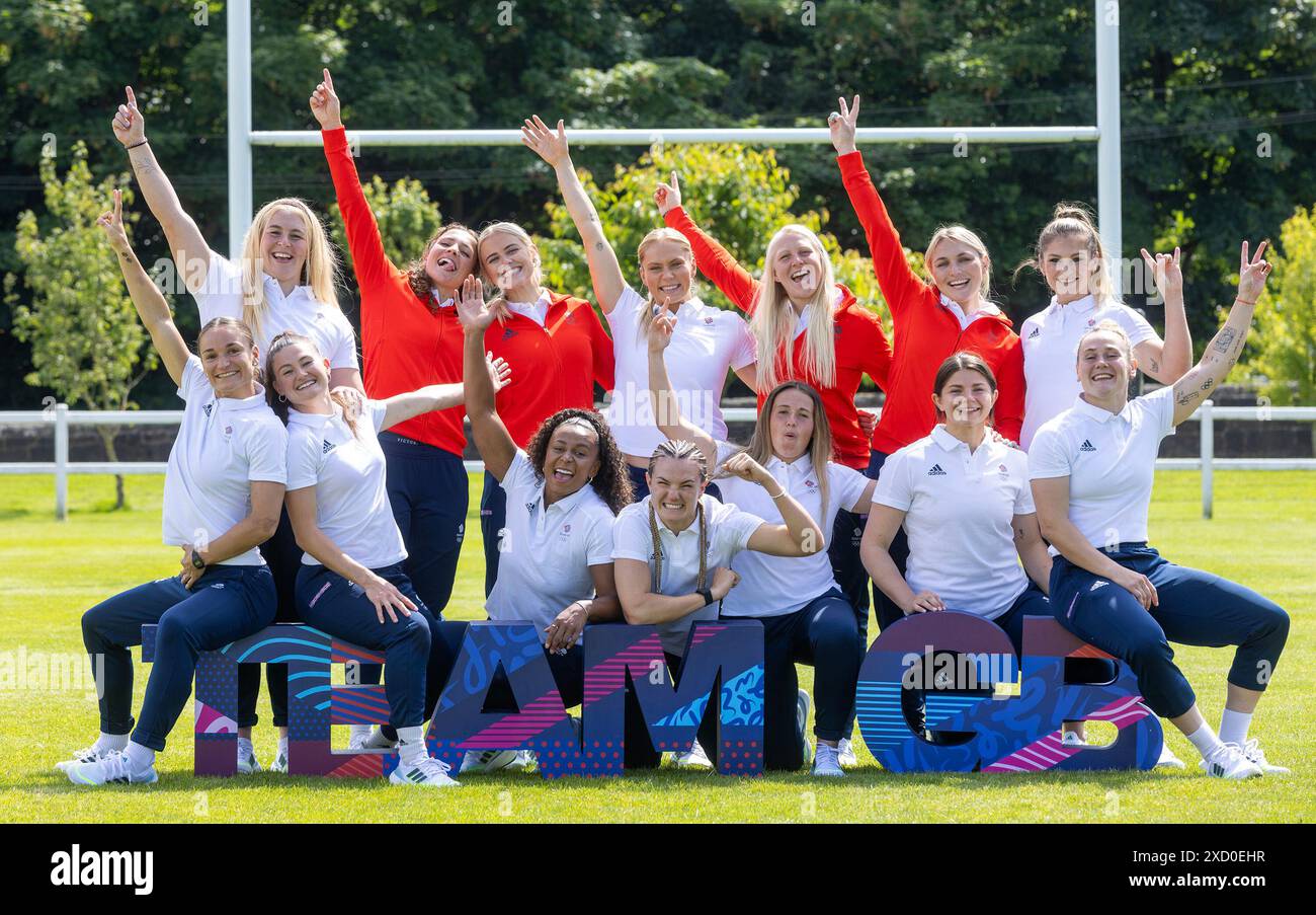 Great Britain's 7's team including Amy Wilson Hardy, Ellie Boatman, Ellie Kildunne, Emma Uren, Grace Crompton, Heather Cowell, Isla Norman-Bell, Jade Shekells, Jasmine Joyce, Lauren Torley, Lisa Thomson, Meg Jones, Abi Burton and Kayleigh Powell during the Team GB Paris 2024 Women's Rugby 7s team announcement at Weetwood Hall Estate, Leeds. Picture date: Wednesday June 19, 2024. Stock Photo