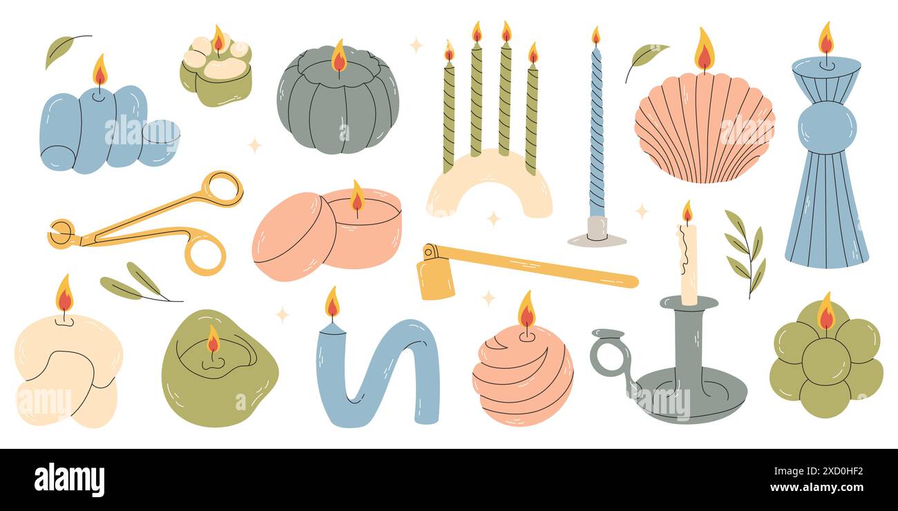 Various Candles. Different shapes and sizes. Stock Vector