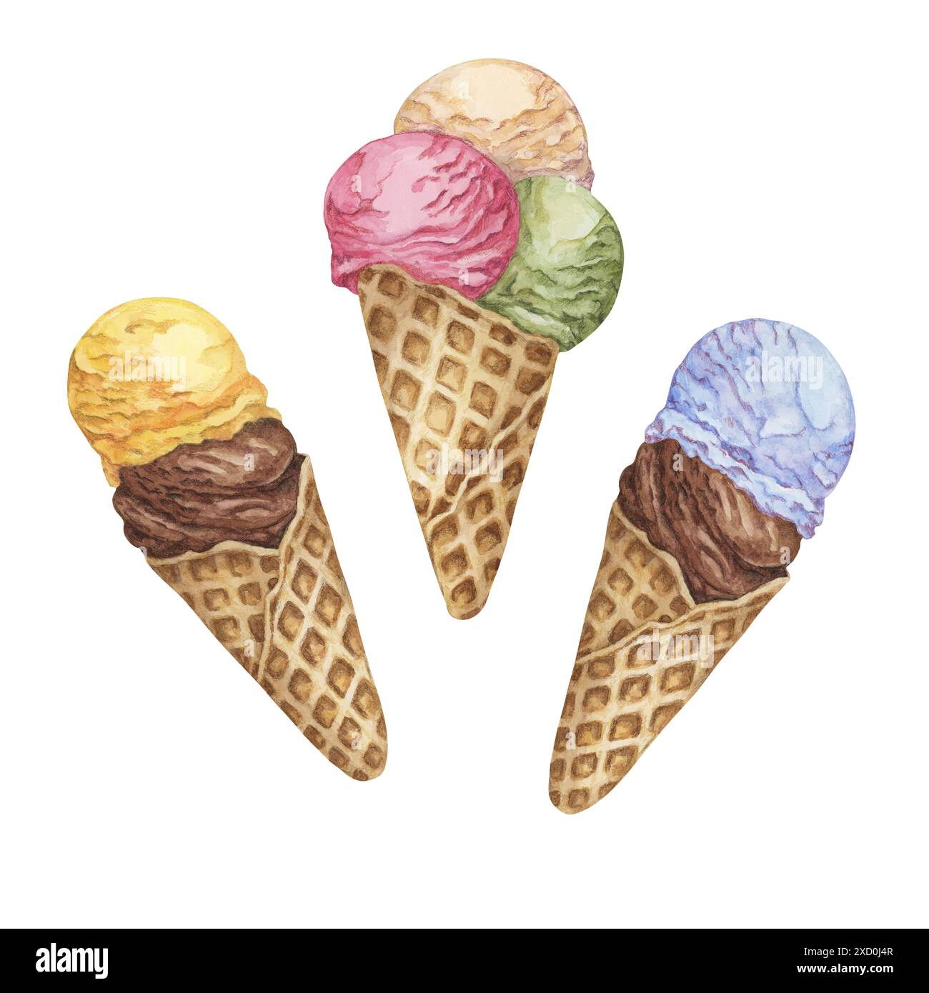 Ice cream cones set in pastel colors. Dessert watercolor illustration ...