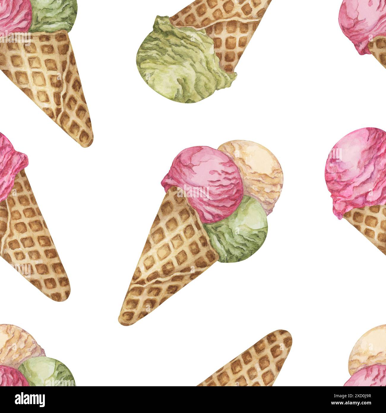 Ice cream scoops in the waffle cone seamless pattern. Three flavors ...