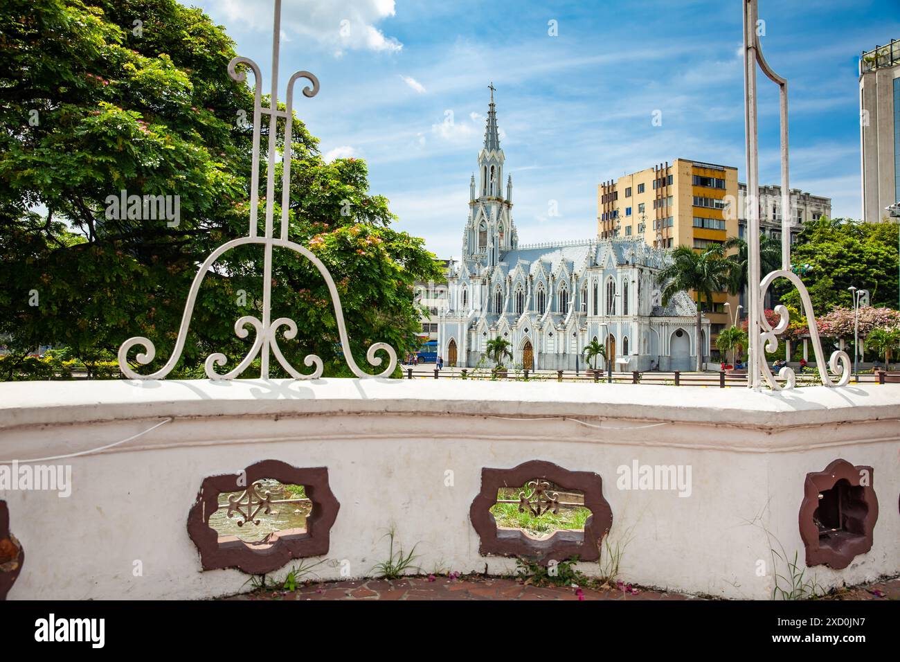 View from the historic Ortiz Bridge of the beautiful La Ermita church built on a gothic style on the city of Cali in Colombia. Stock Photo