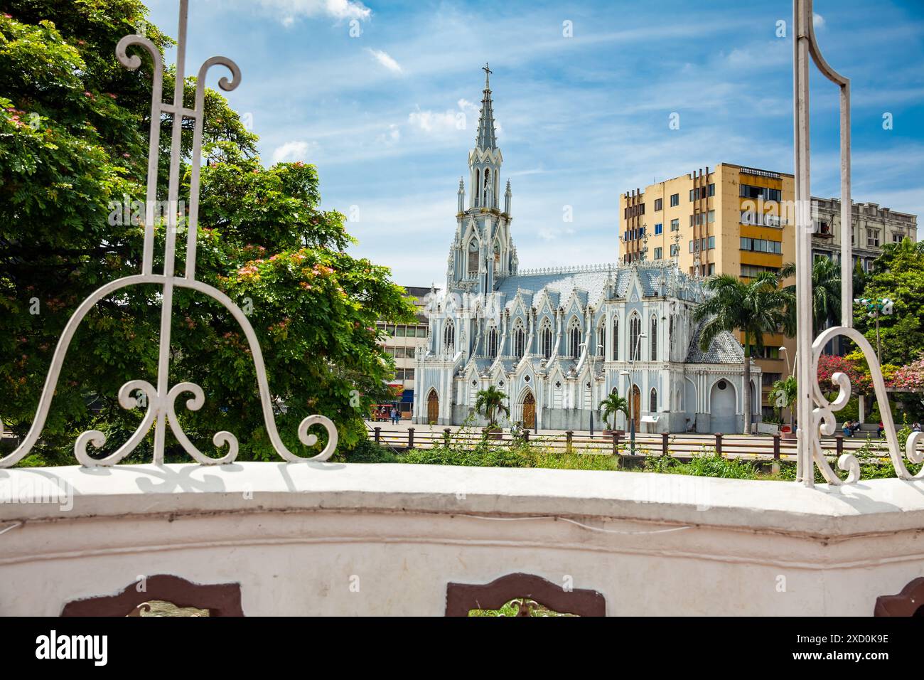 View from the historic Ortiz Bridge of the beautiful La Ermita church built on a gothic style on the city of Cali in Colombia. Stock Photo