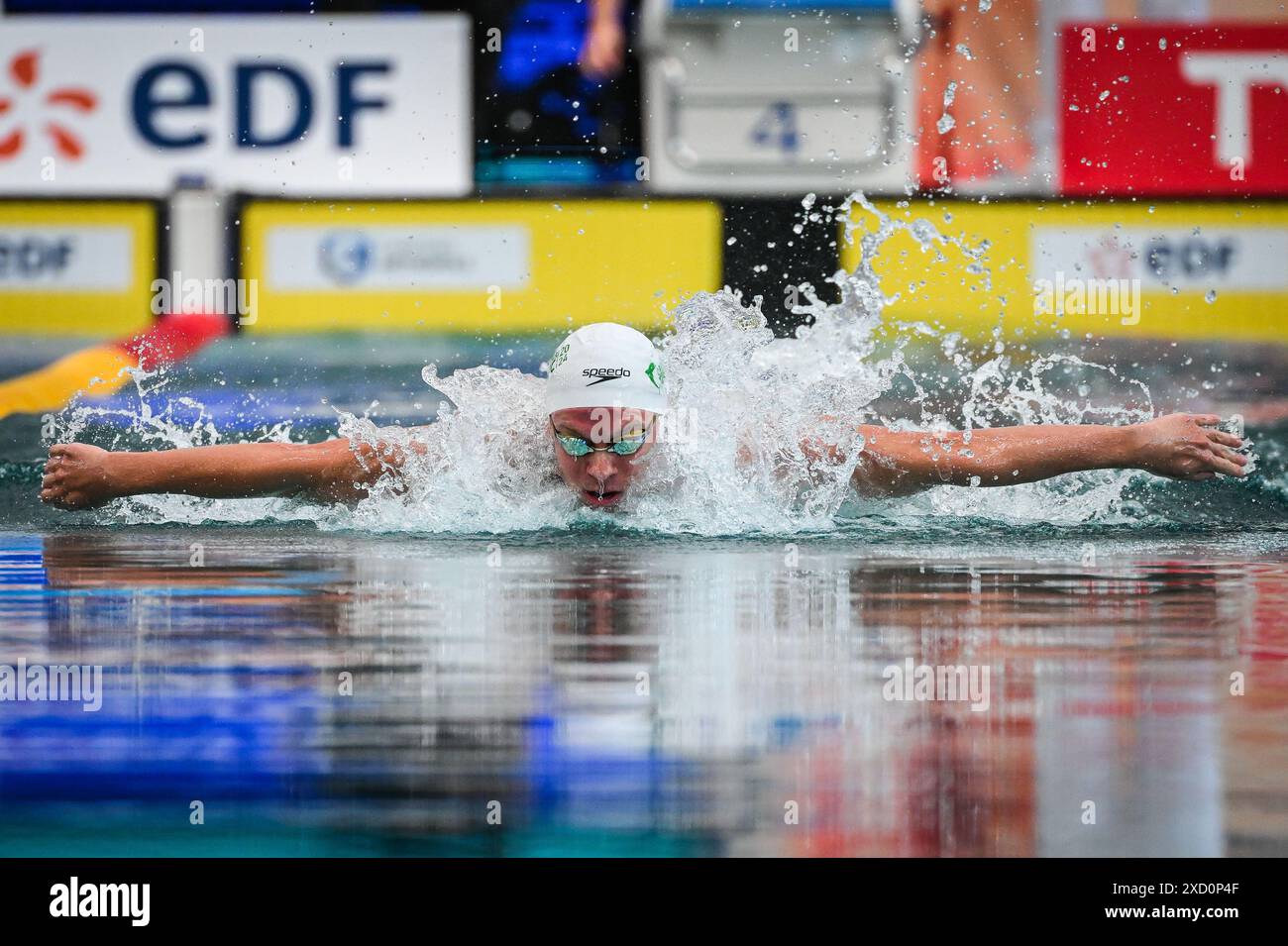Chartres, France. 19th June, 2024. Leon MARCHAND of France competes on