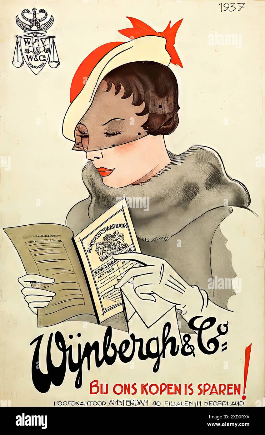 Wijnbergh & Co., Bij ons kopen is sparen!, 1937 - Vintage Advertising Print Poster Stock Photo