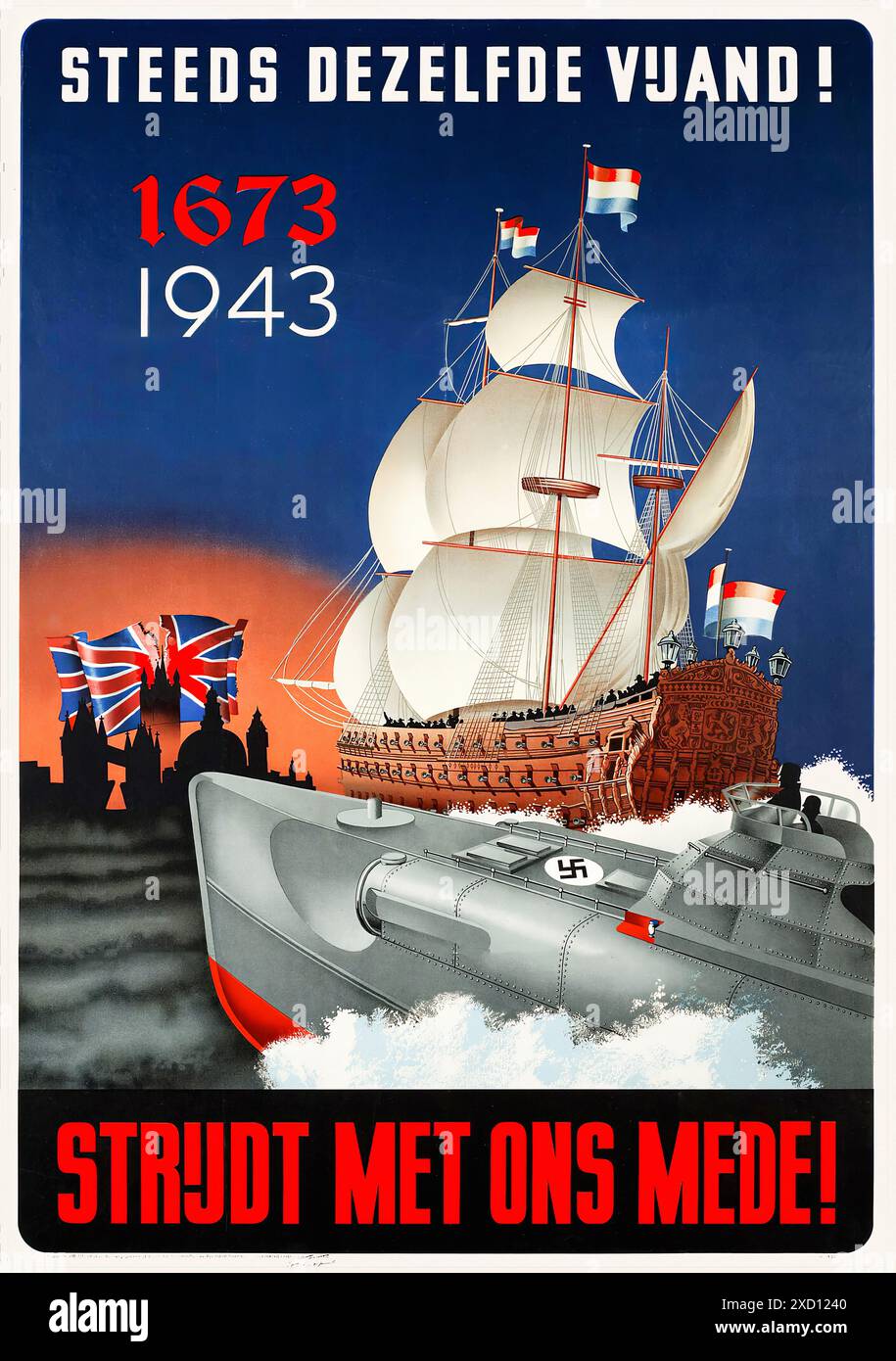 Steeds Dezelfde Vijand! Strijdt met ons mede!, 1943 - Vintage Print Poster Stock Photo