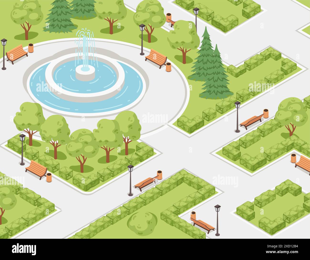 Isometric city park landscape design concept with water fountain vector ...