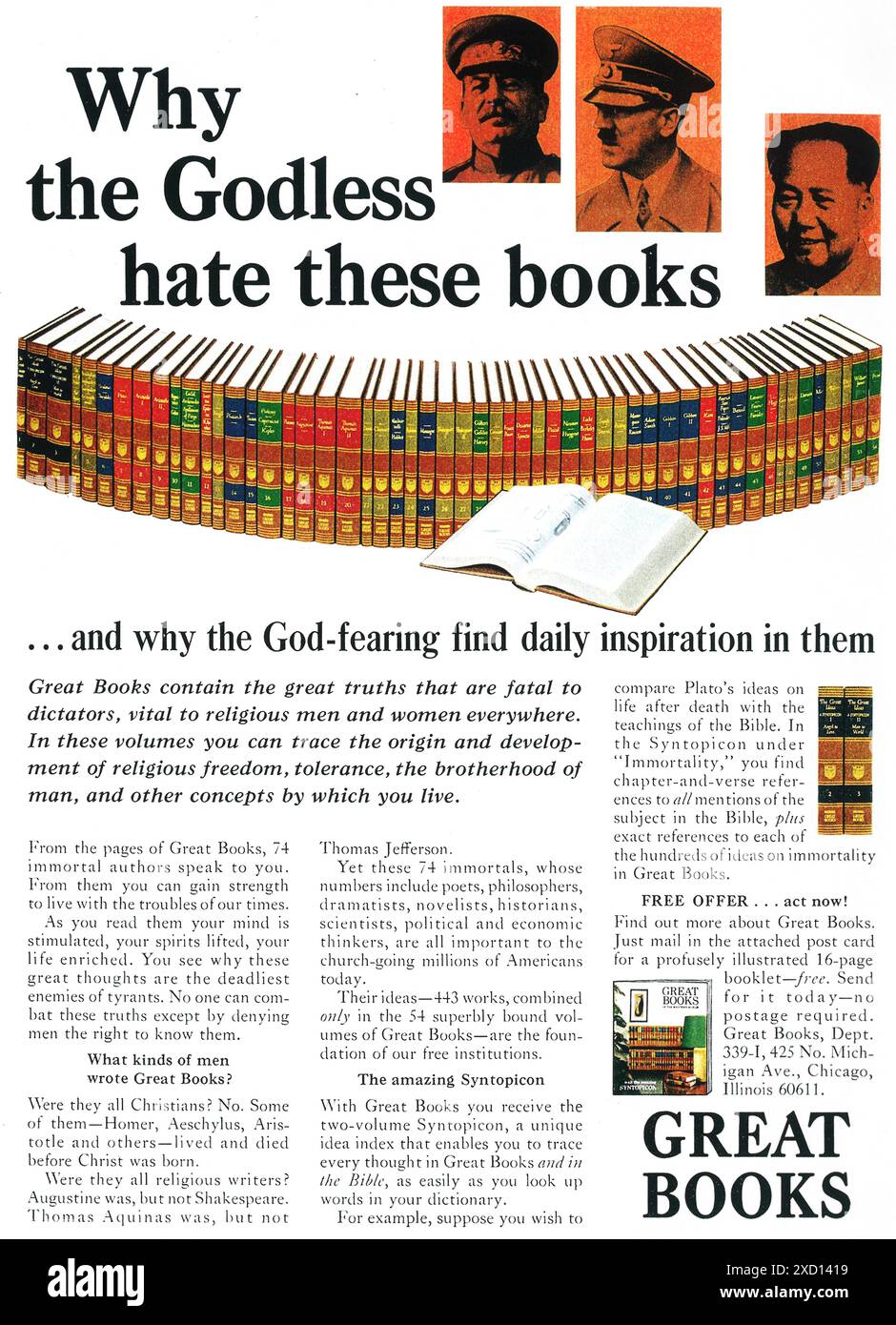 1966 Great Books Foundation Ad 'Why the Godless hate these books ..."- Stalin, Mao, Hitler Stock Photo