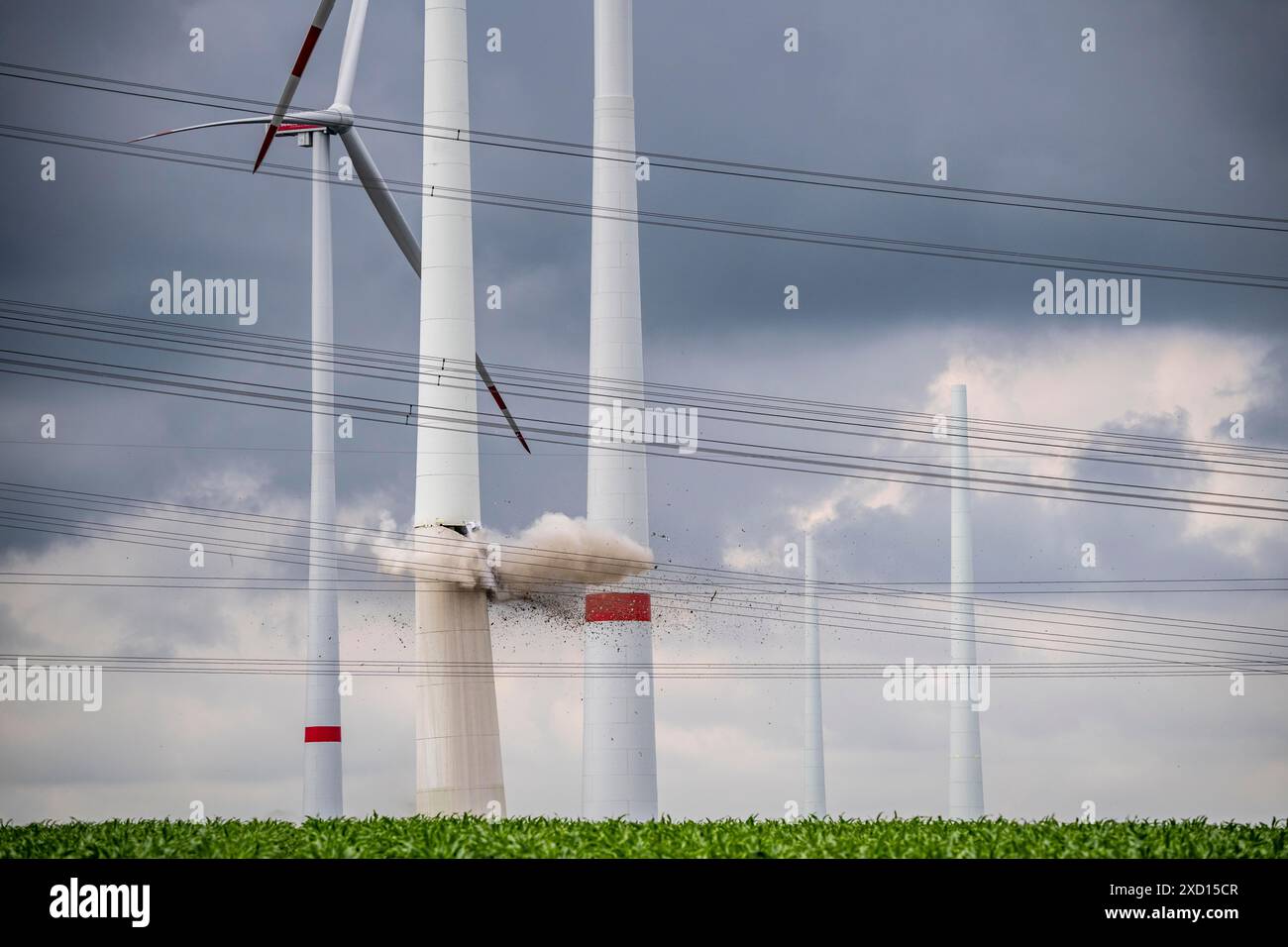 Demolition of the tower of a 20 year old wind turbine, in the Werl wind ...