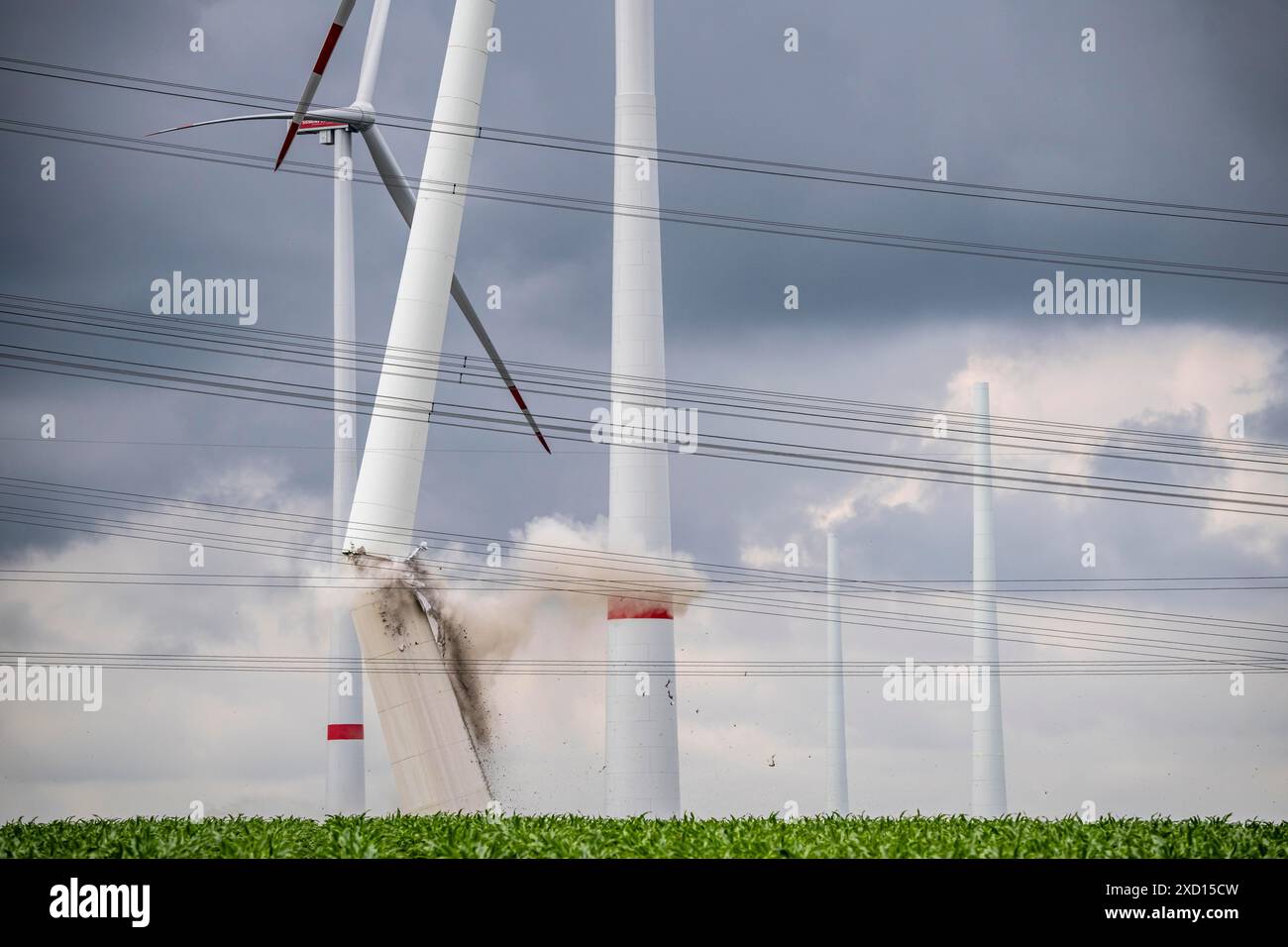 Demolition of the tower of a 20 year old wind turbine, in the Werl wind ...