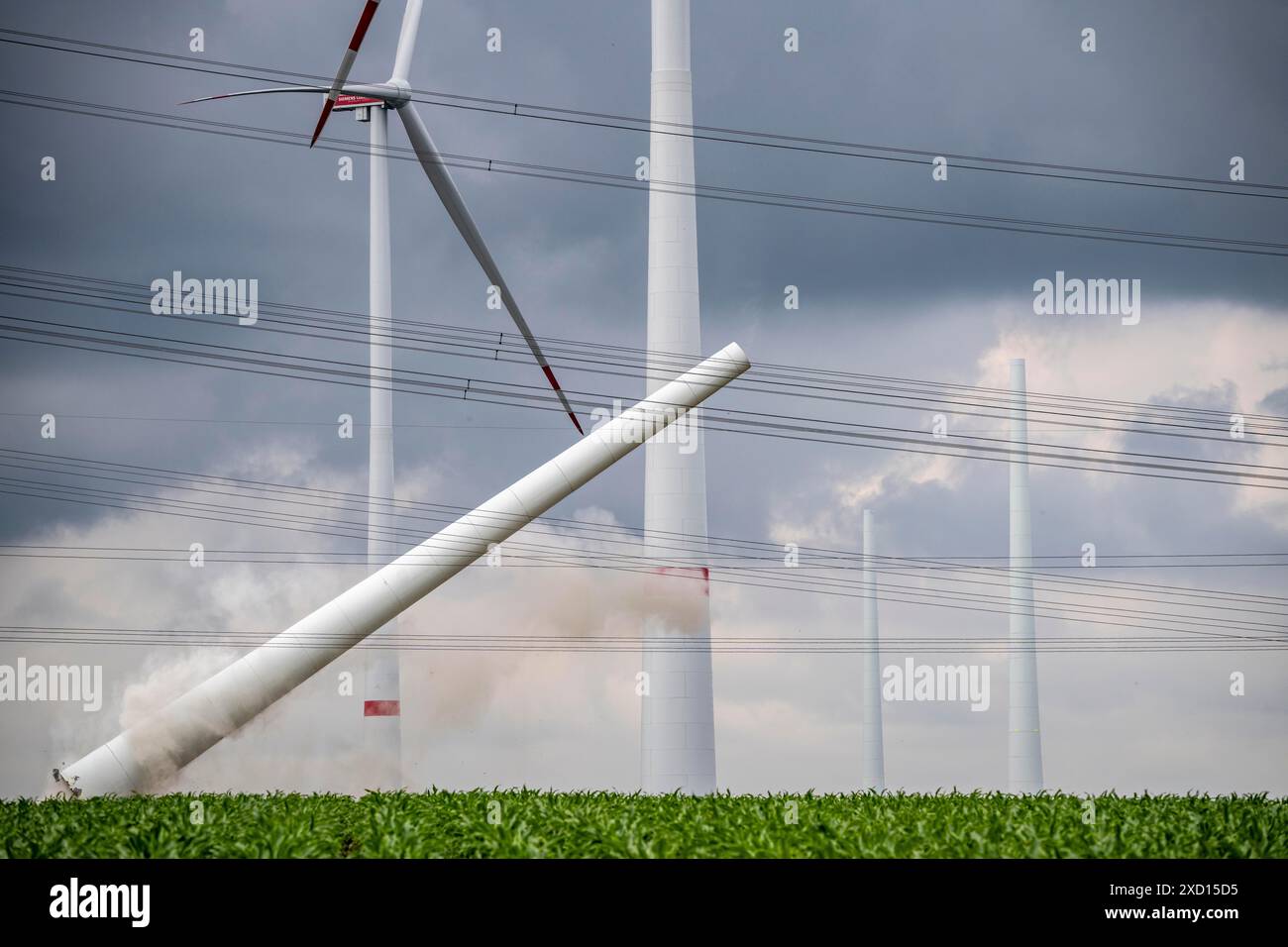 Demolition of the tower of a 20 year old wind turbine, in the Werl wind ...