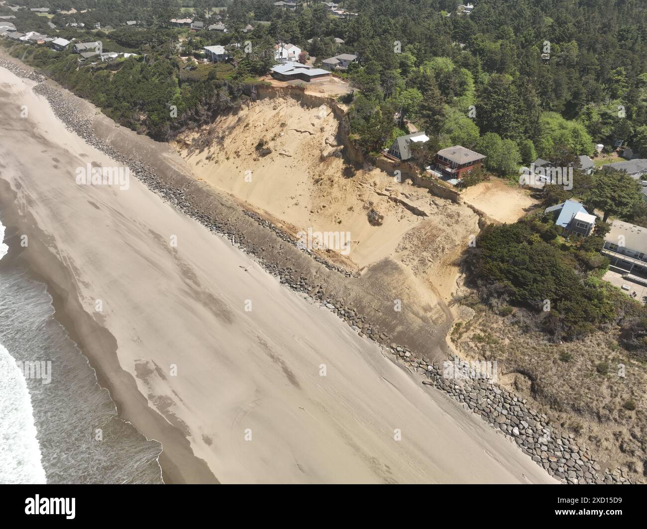 Beach erosion, mitigation,restoration and riprap construction at Salishan Oregon on the Pacific Ocean. Stock Photo