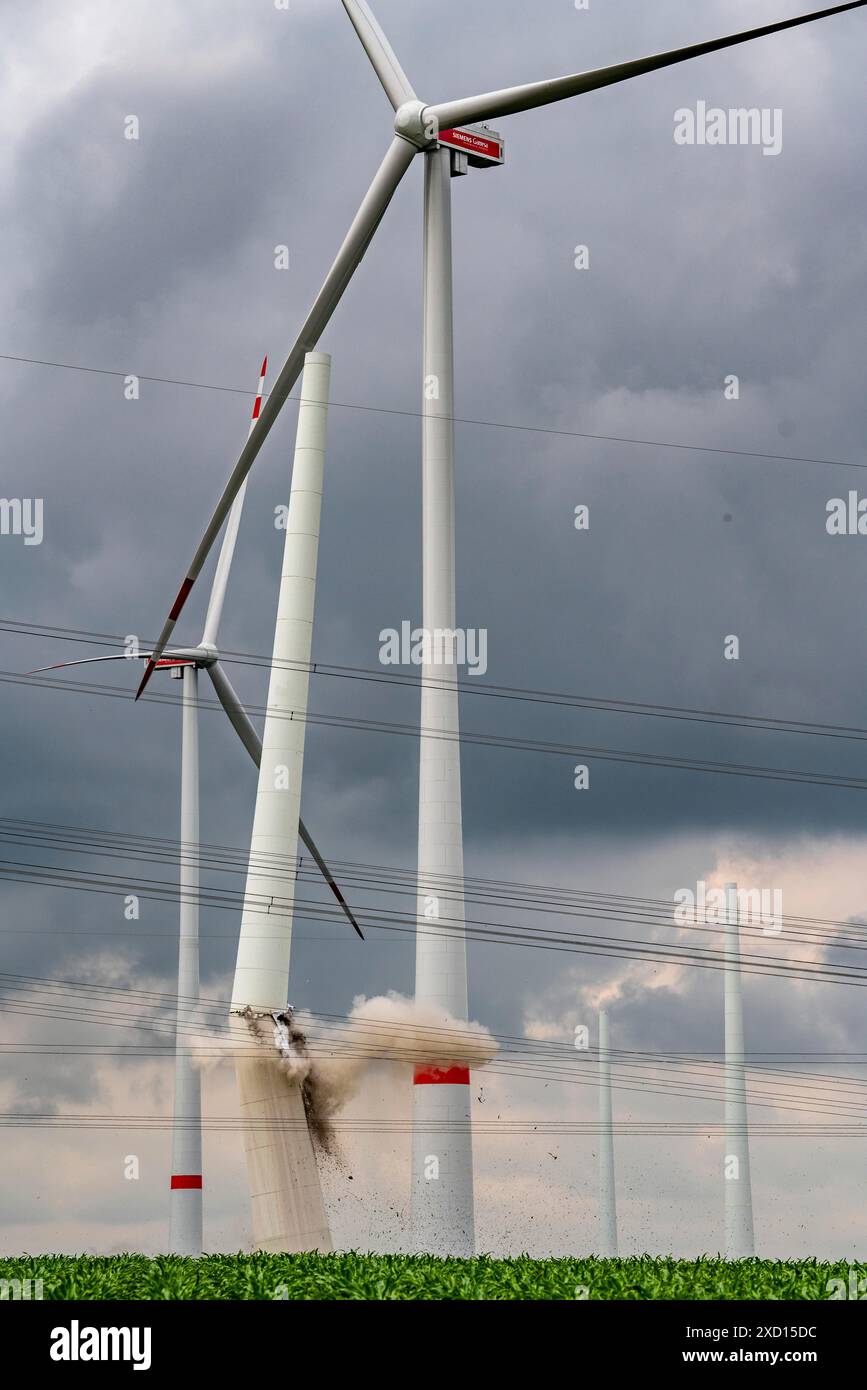 Demolition of the tower of a 20 year old wind turbine, in the Werl wind ...