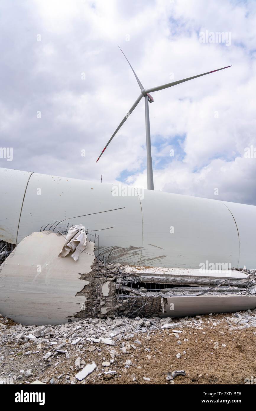 Demolished tower of a 20 year old wind turbine, in the Werl wind farm ...