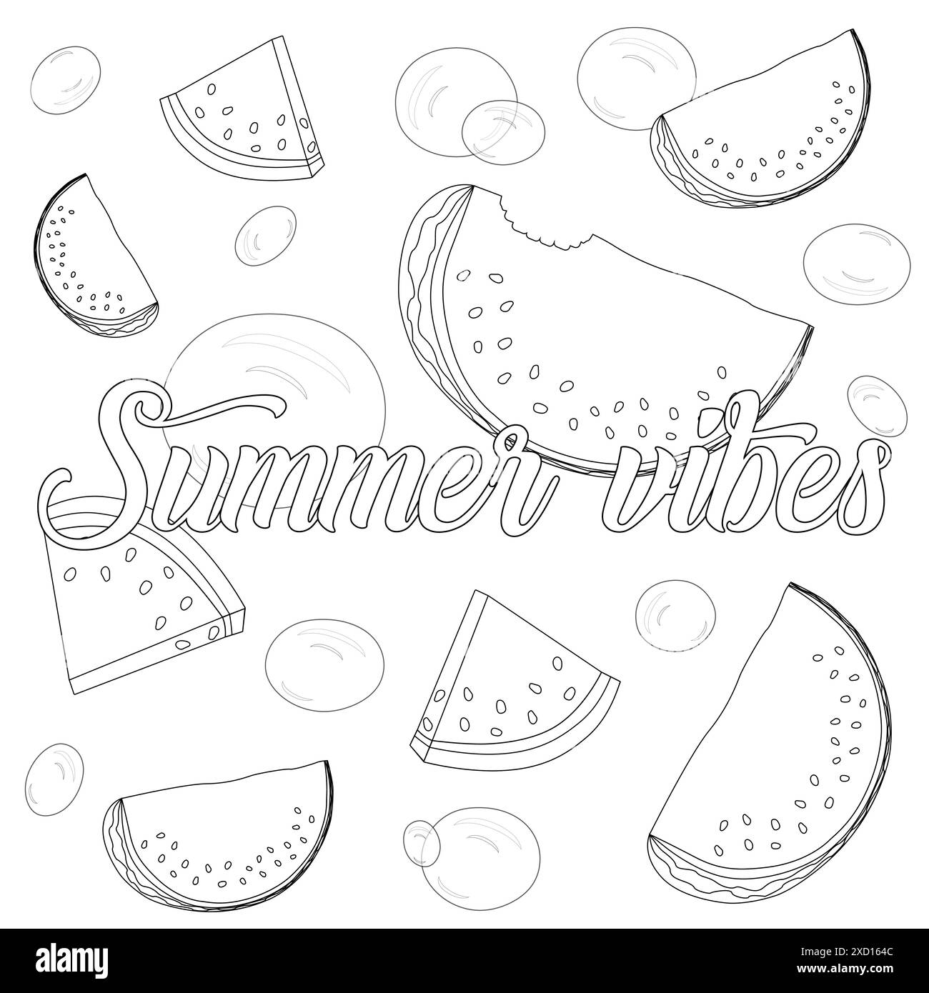 Fun and relaxing coloring page featuring watermelon slices and bubbles with the text Summer Vibes. Perfect for summer-themed activities. Stock Vector