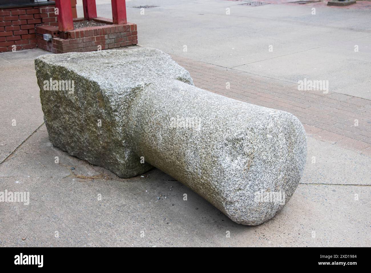 Stone bollard display outside the Maritime Museum of the Atlantic at the waterfront boardwalk in Halifax, Nova Scotia, Canada Stock Photo