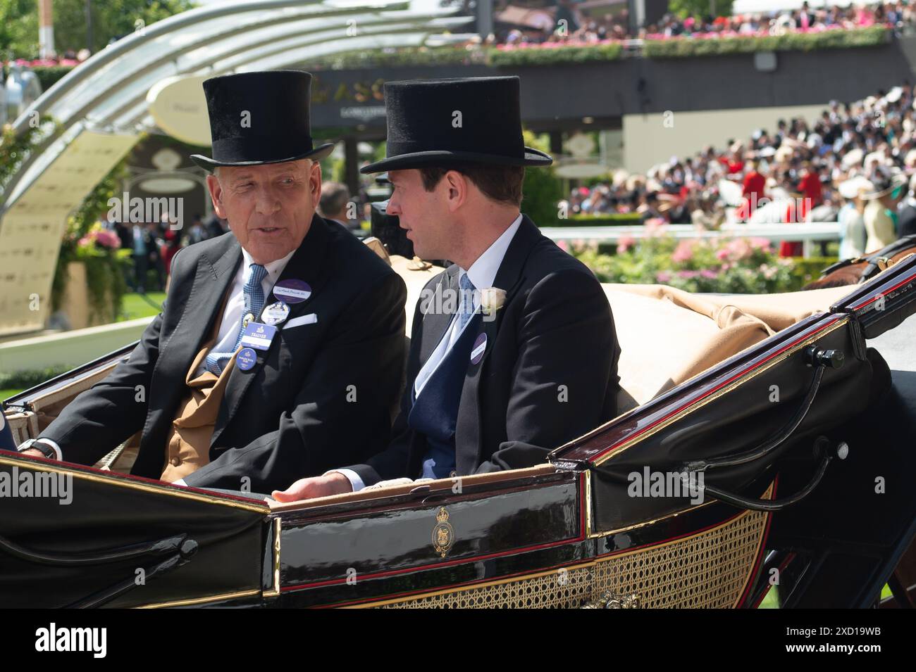 Ascot, Berkshire, UK. 19th June, 2024. Princess Eugenie, Jack Brooksbank, The Lady Sarah Keswick and Sir Mark Prescott arriving in the Parade Ring at Ascot Racecourse in the Royal Procession on Day Two of Royal Ascot Credit: Maureen McLean/Alamy Live News Stock Photo