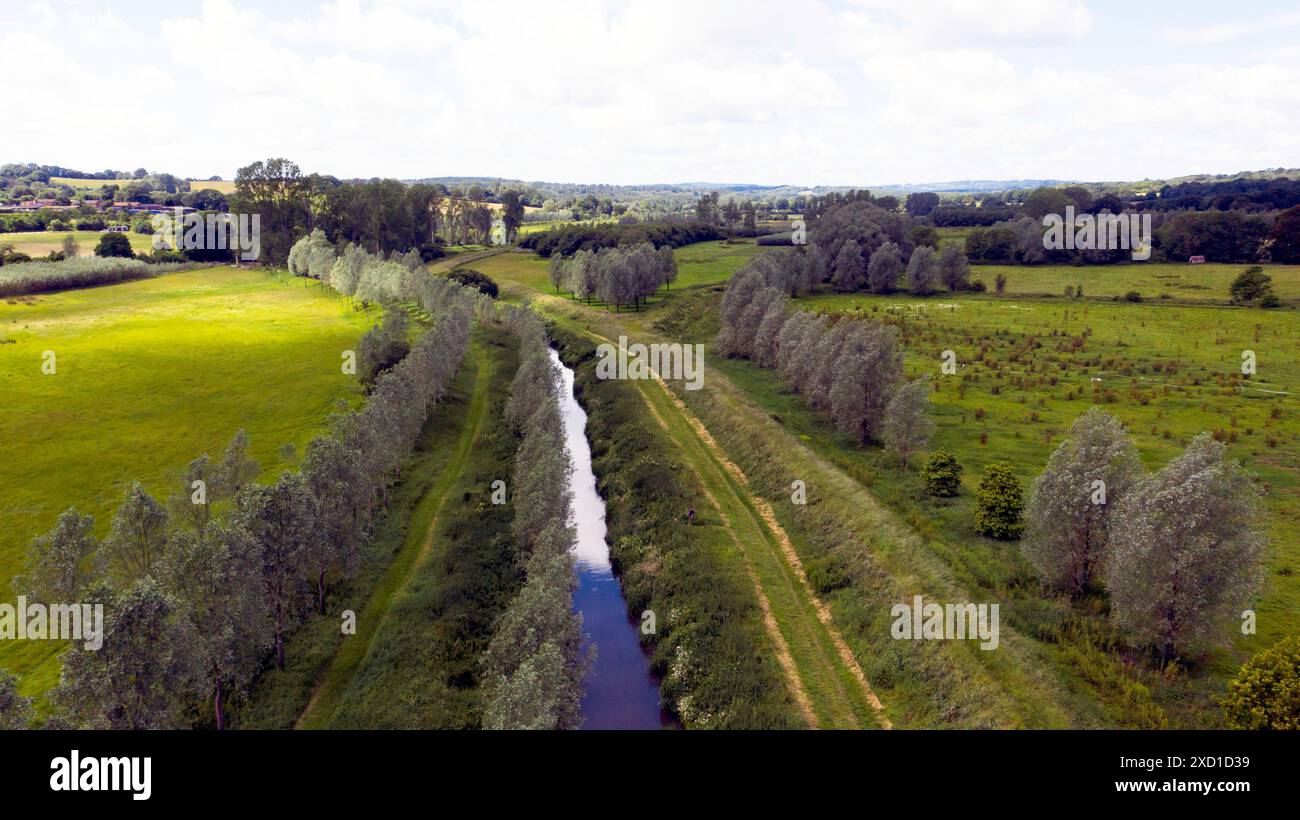 Low altitude, Aerial view of the River Rother, looking West from the footpath about 60Meters  past Bodiam Bridge, Bodium,  East Sussex Stock Photo