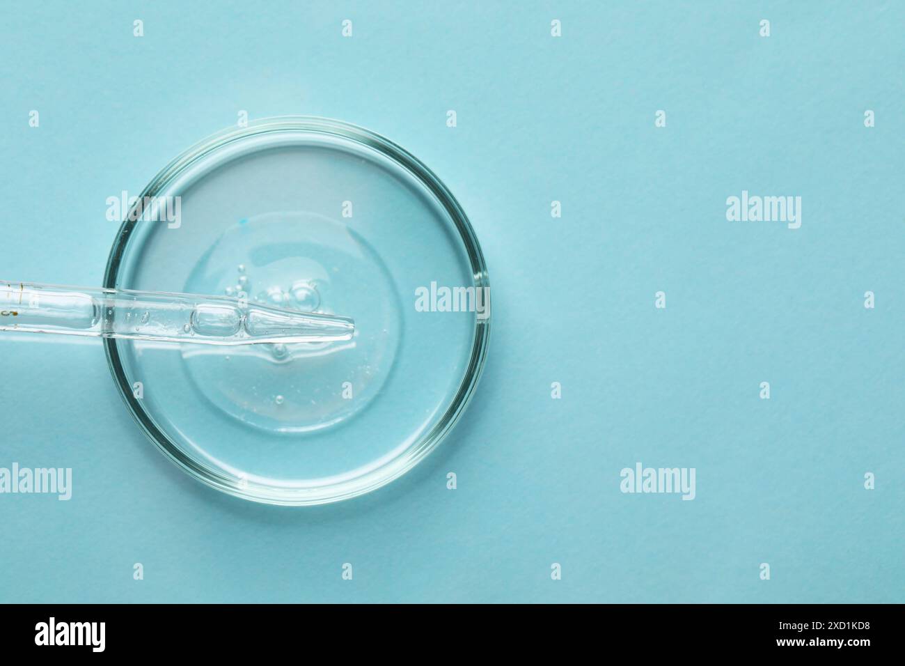 Glass pipette and petri dish with liquid on light blue background, top ...