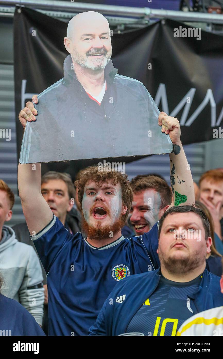 Glasgow, UK. 19th June, 2024. UK. While Scotland played against Switzerland in the Cologne Stadium, Germany, almost 1000 Scottish fans gathered at the fan zone at BAed, Calton, Glasgow to watch the game. The game was filled with drama as shown by the fans' expressions, espeially when McTominay scored first for Scotland and then Shagiri scored for Switzerland. The game finished Scotland 1 -1 Switzerland. Credit: Findlay/Alamy Live News Stock Photo