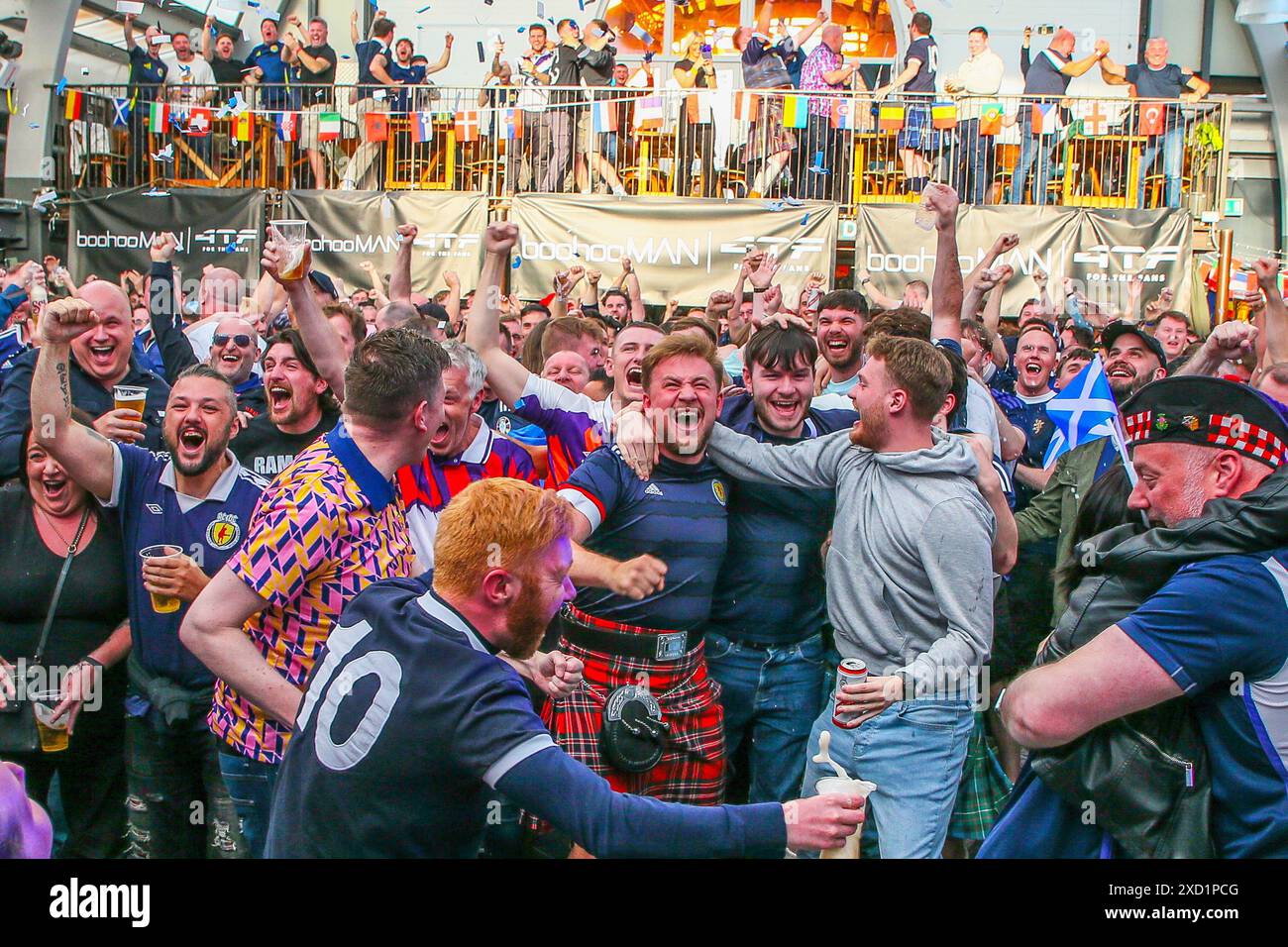 Glasgow, UK. 19th June, 2024. UK. While Scotland played against Switzerland in the Cologne Stadium, Germany, almost 1000 Scottish fans gathered at the fan zone at BAed, Calton, Glasgow to watch the game. The game was filled with drama as shown by the fans' expressions, espeially when McTominay scored first for Scotland and then Shagiri scored for Switzerland. The game finished Scotland 1 -1 Switzerland. Credit: Findlay/Alamy Live News Stock Photo