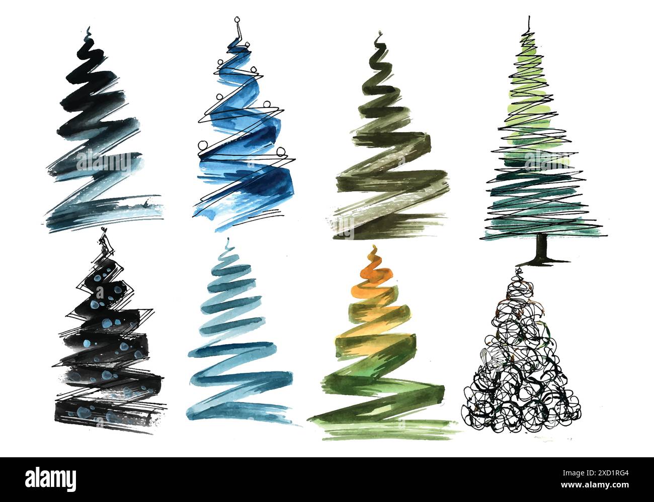 Hand draw sketch christmas line tree watercolor set design Stock Vector ...