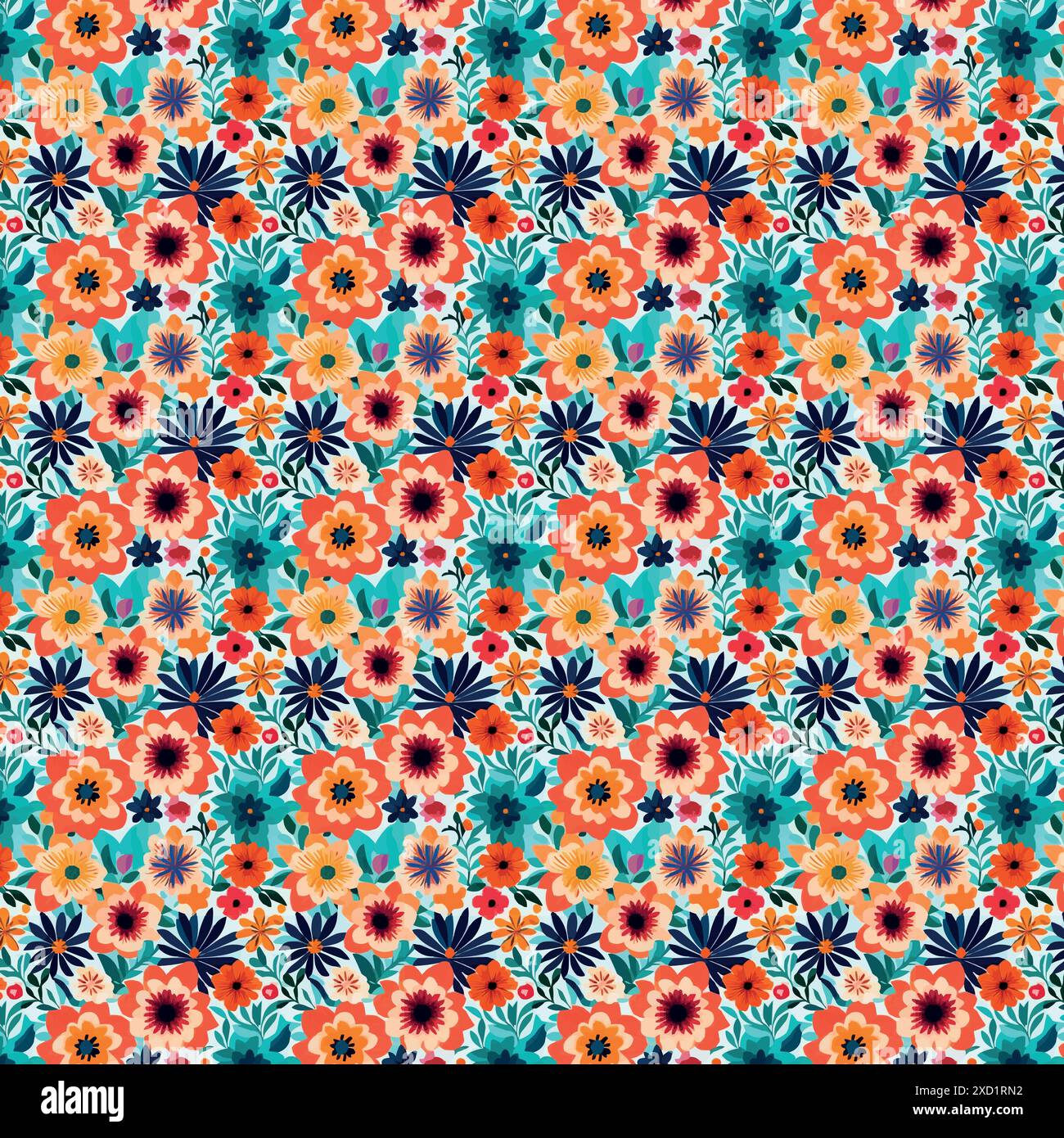 Orange, dark blue, and crimson flowers and leaves arranged in a pattern that produces a vivid and energizing visual impression. Stock Vector