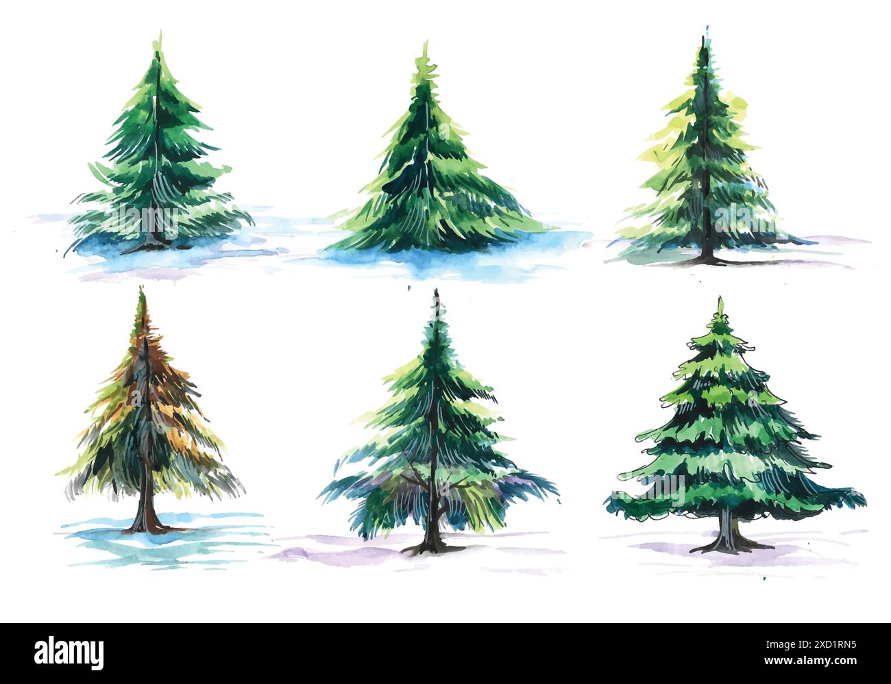 Hand drawn artistic christmas tree collection design Stock Vector