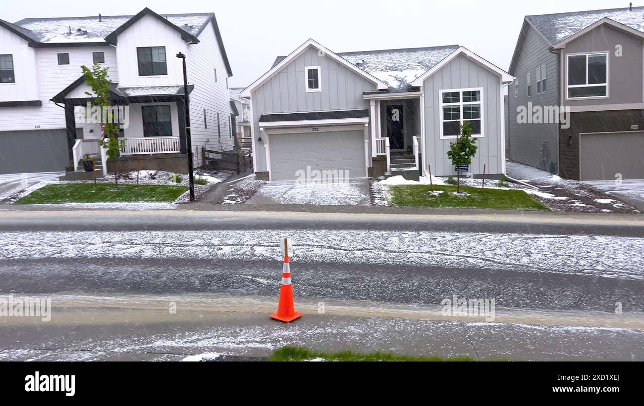 Suburban Neighborhood Covered in Hail After a Storm Stock Photo - Alamy