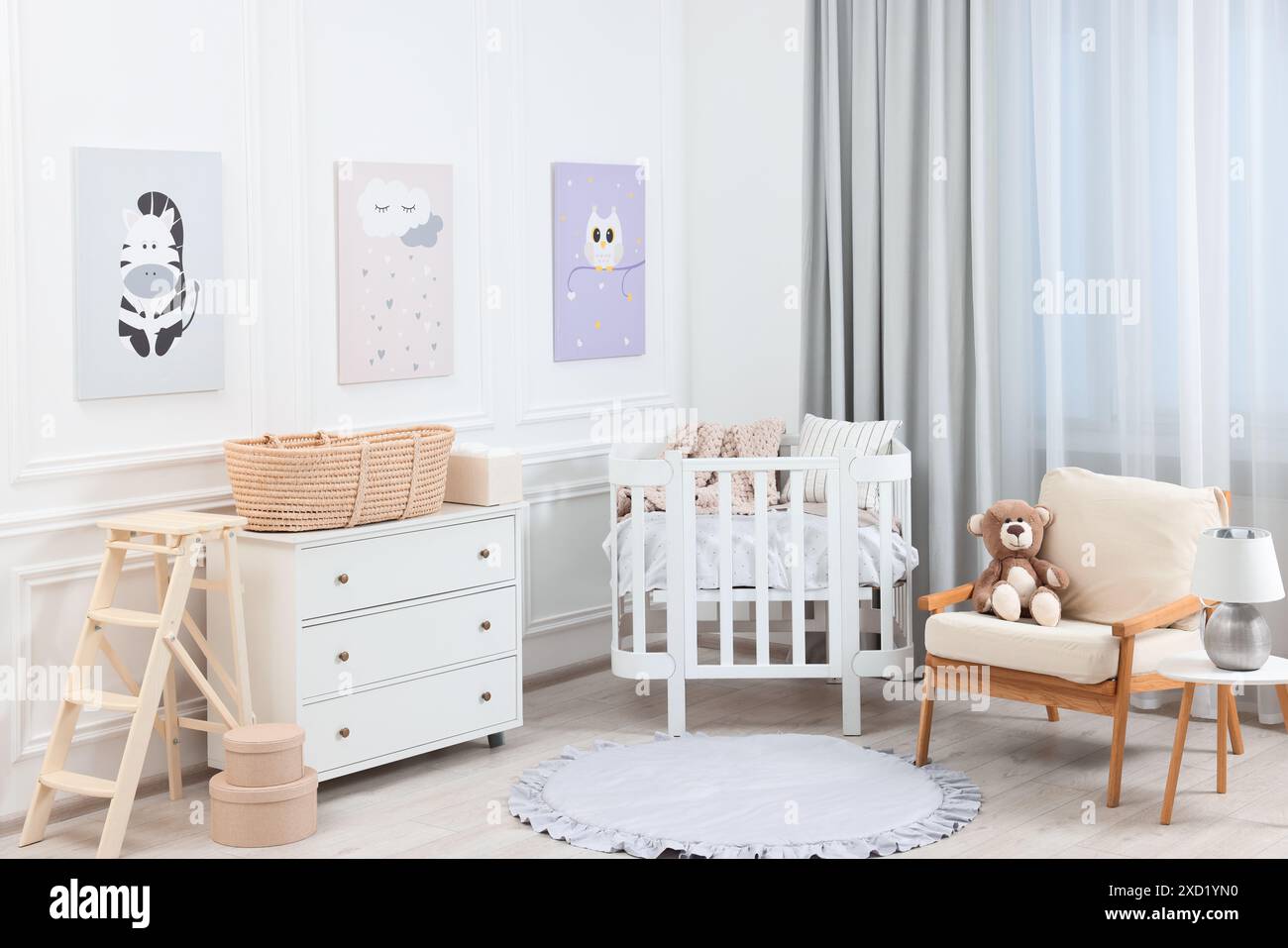Newborn baby room interior with stylish furniture, comfortable crib and ...