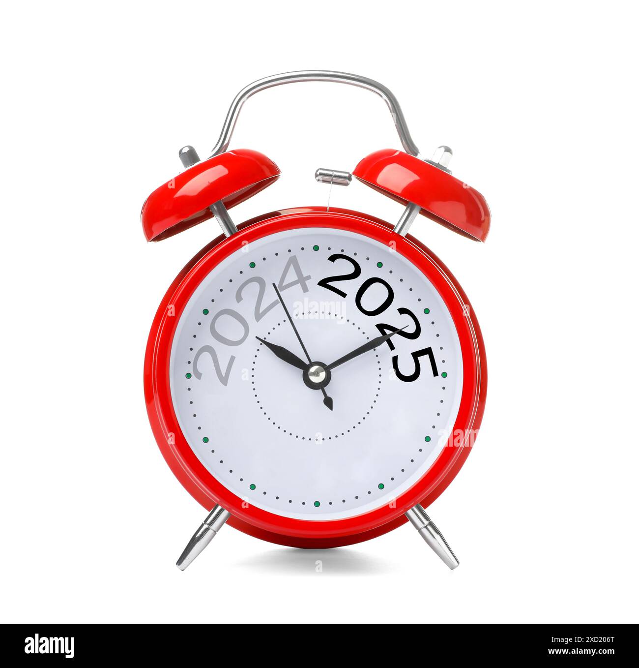 Red alarm clock with hands pointing at numbers 2024 and 2025 isolated on white. Beginning of new