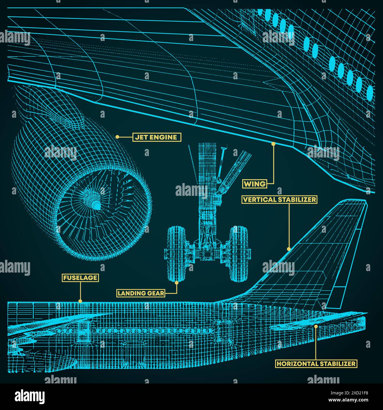 Vector illustration of a fragments of blueprints of a civilian aircraft Stock Vector