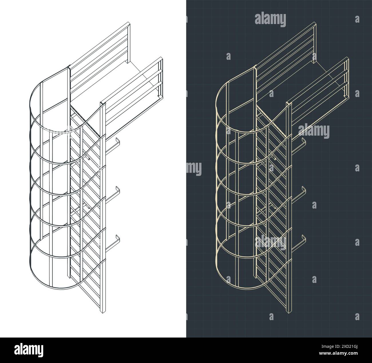 Stylized vector illustrations of isometric blueprints of fire escape Stock Vector