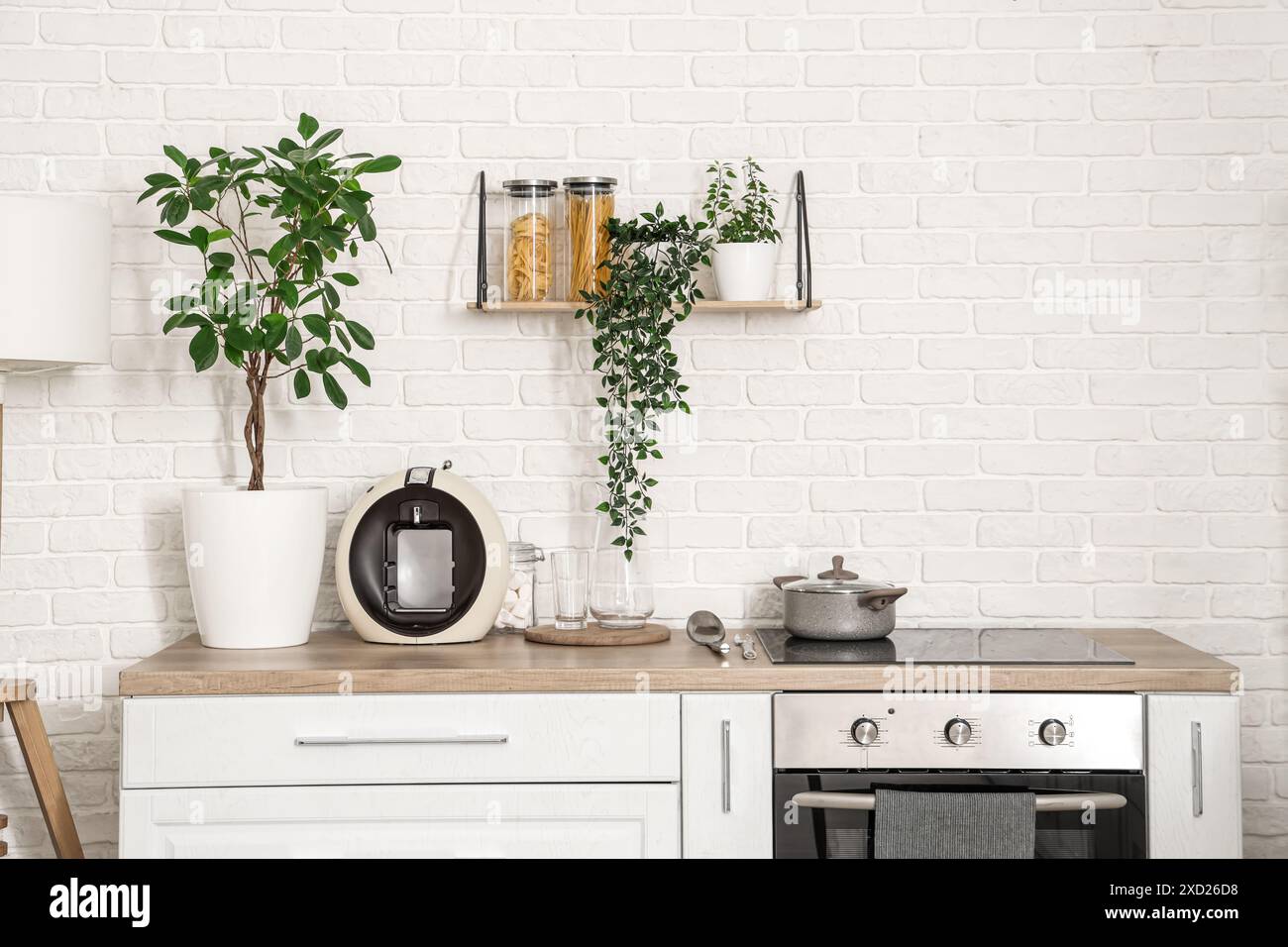 Interior of light kitchen with white counters and houseplants Stock ...