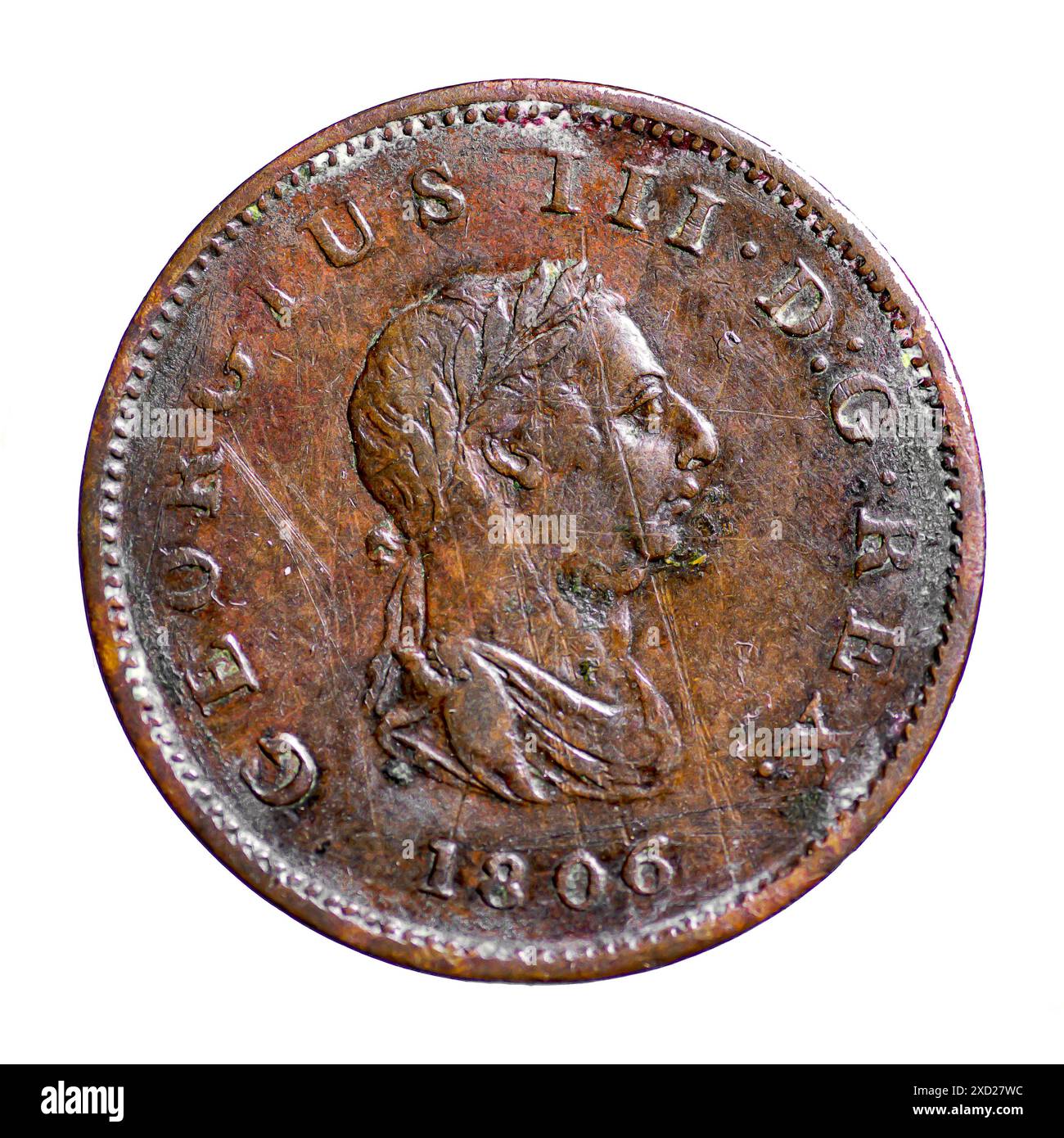 King George III  Old English Penny dated 1806. Stock Photo