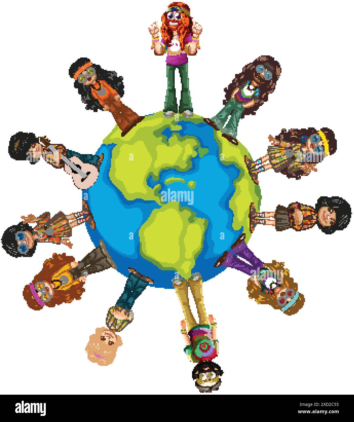 Hippies standing around a globe, promoting peace Stock Vector