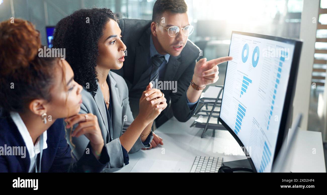 Employees, computer and night for finance, planning and graphs for data ...