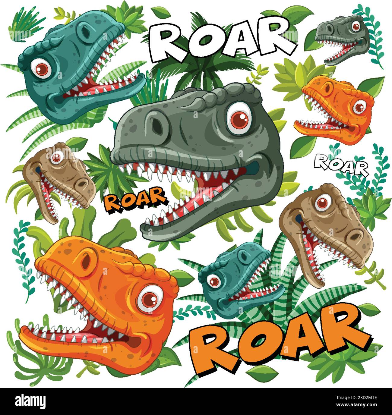 Various dinosaur heads with 'roar' text Stock Vector