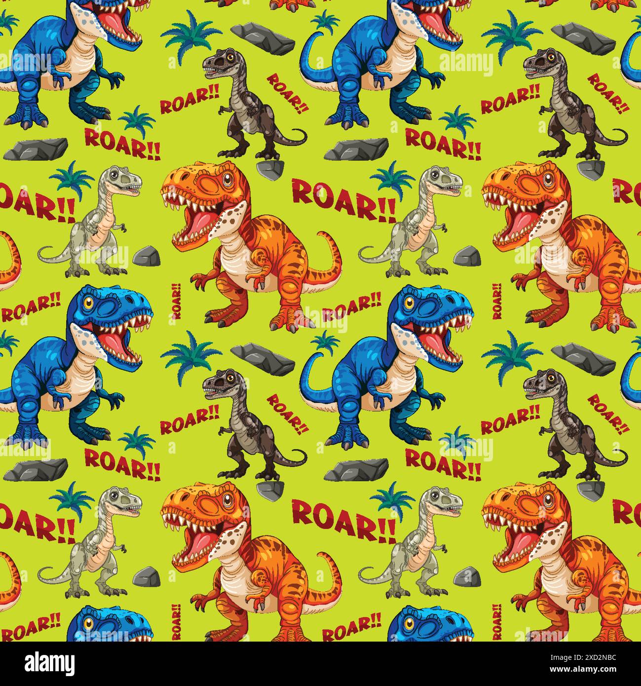 Vibrant dinosaurs with 'Roar' text on green background Stock Vector