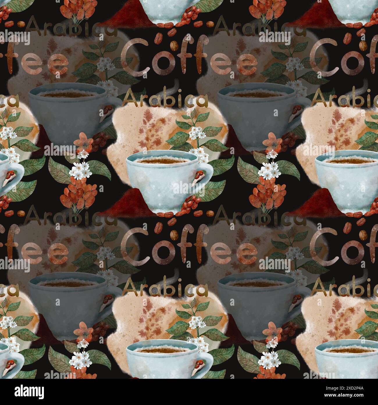 Arabica coffee cup pattern with floral and bean designs, vibrant and ...